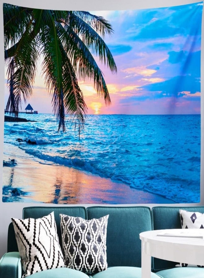 IcosaMro Ocean Tapestry for Bedroom Beach Palm Tree Wall Hanging Sunrise Decor, 51x60 Inches, Blue - Image 1